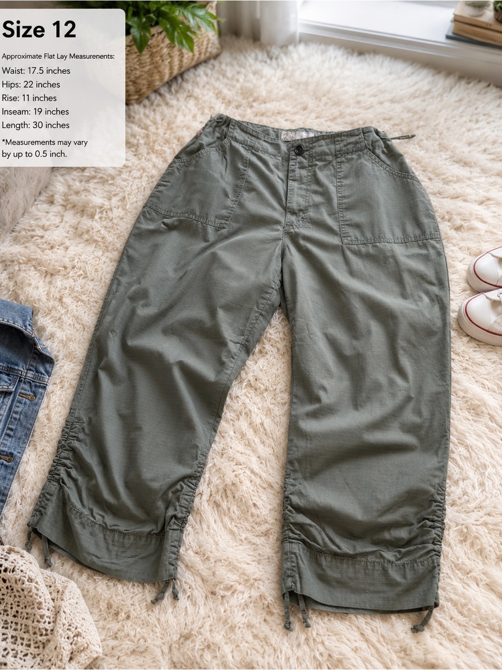 Y2K Olive Green Ripstop Cargo Capri Pants Size 12 Drawstring Hem